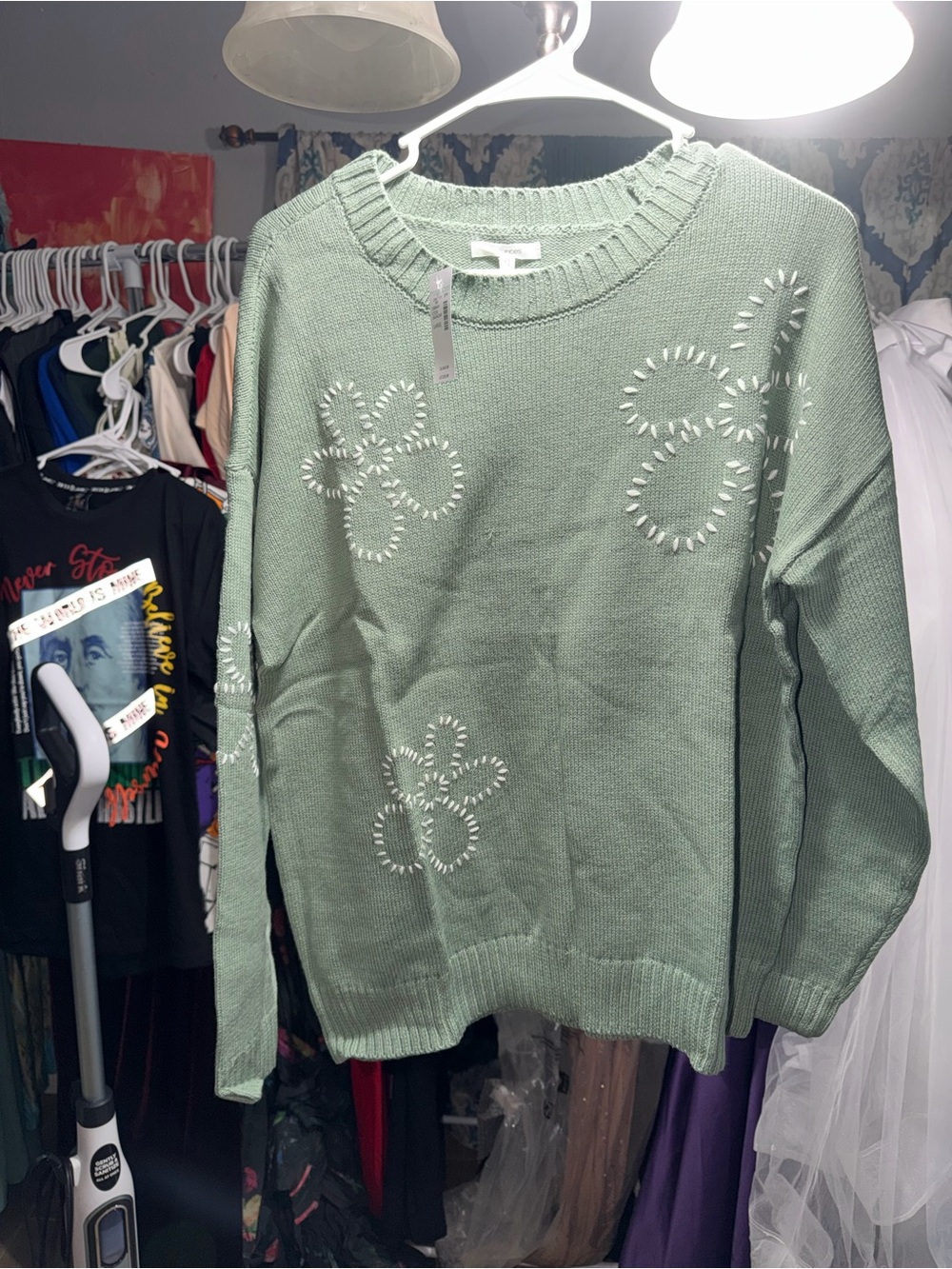 Maurices Sage Green Crewneck Sweater with White Embroidery - Picture 3 of 3